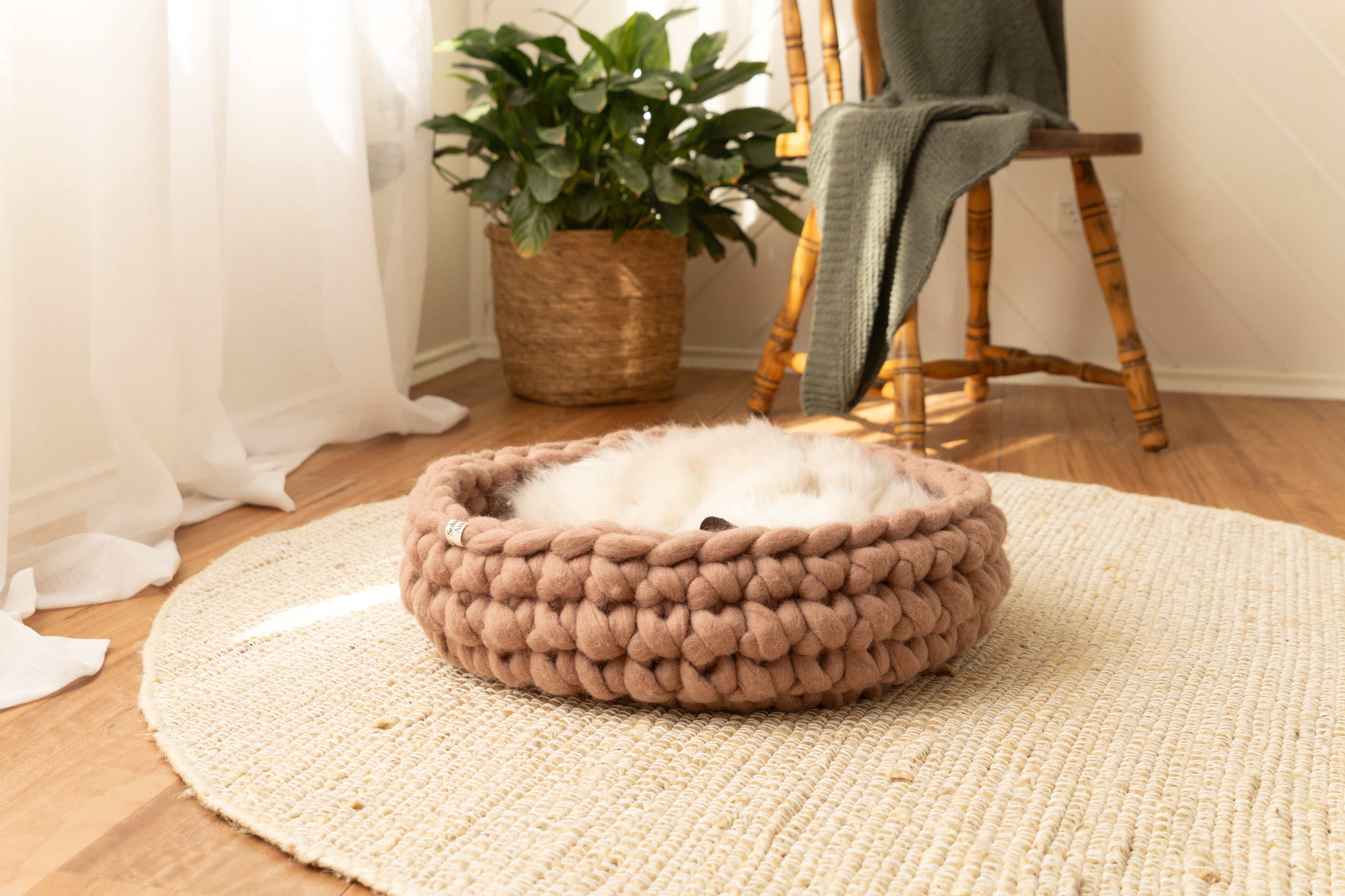 White cat curled up asleep in a round chunky-knit merino wool cat bed in cappuccino, on a jute rug in a warm, naturally lit room
