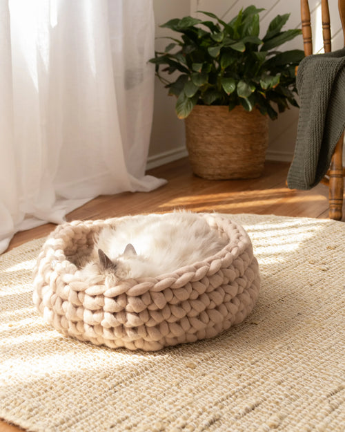 Solace Aura beige cat bed made from merino wool, styled on a round woven jute rug with a cat resting inside, photographed in a warm natural-light interior with sheer curtains, a wooden chair with a draped throw, and a potted plant in the background