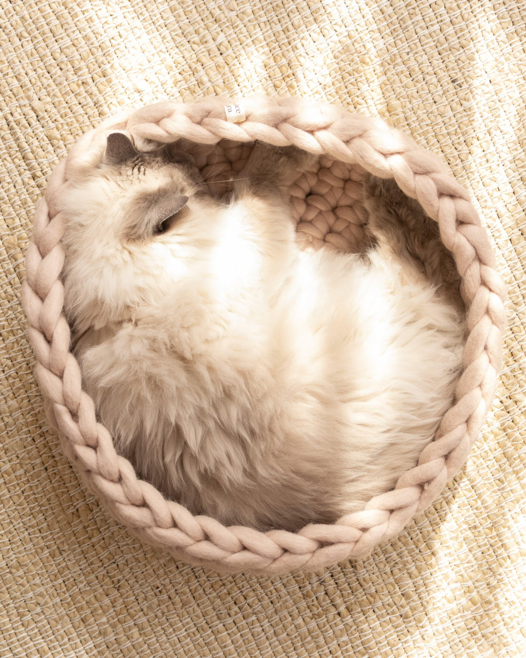 Solace Aura beige cat bed made from natural merino wool, shown from a top-down angle with a cat curled inside the handwoven bed, placed on a round jute rug in a softly styled home interior.