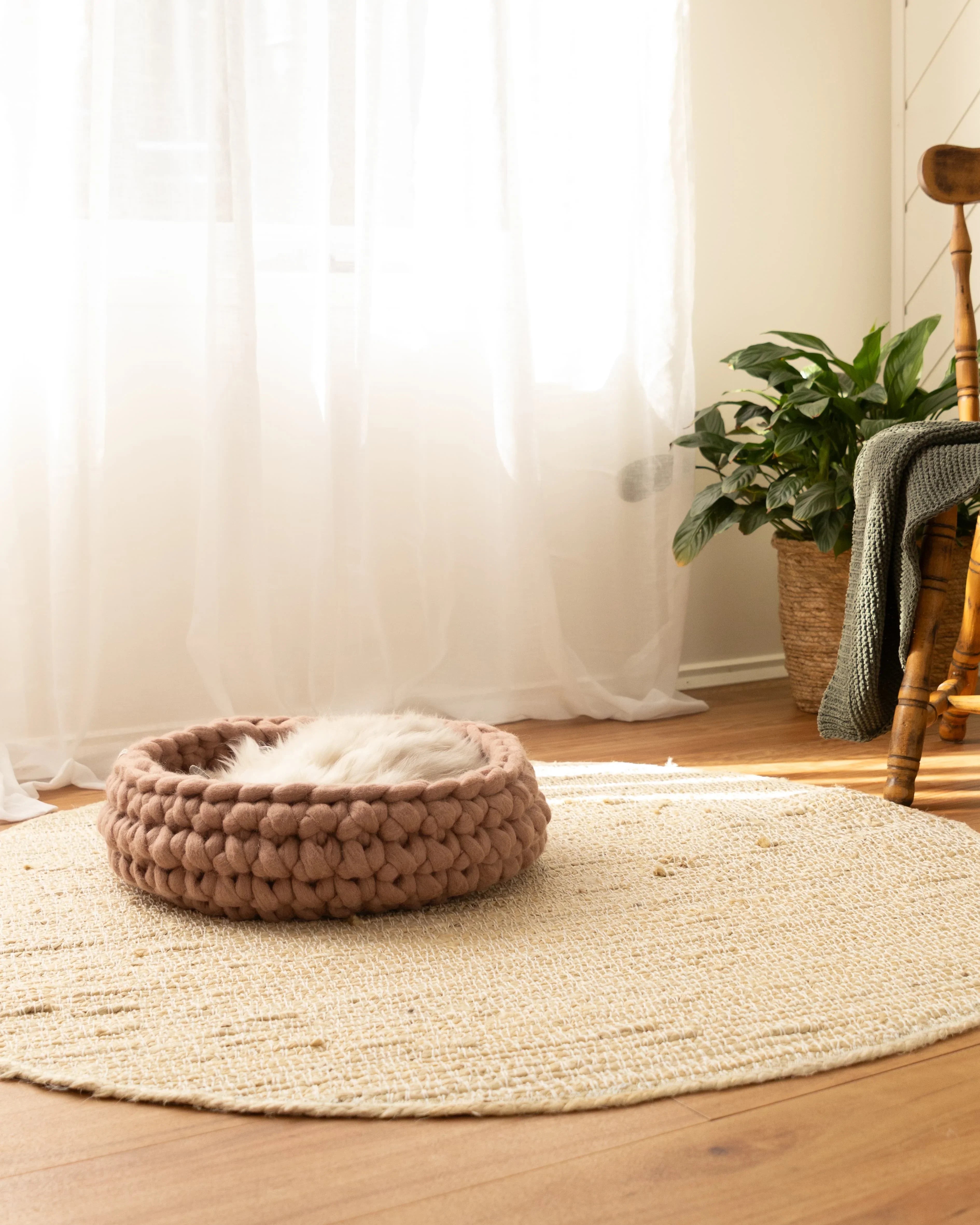 Solace Aura Cappuccino merino wool cat bed in warm brown tones, handmade round cat bed placed on a natural jute rug in a sunlit living room with sheer white curtains, timber floor, indoor plant and wooden chair in the background