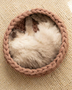 Solace Aura Cappuccino brown cat bed made from merino wool, shown from above with a cat sleeping curled inside on a natural jute rug