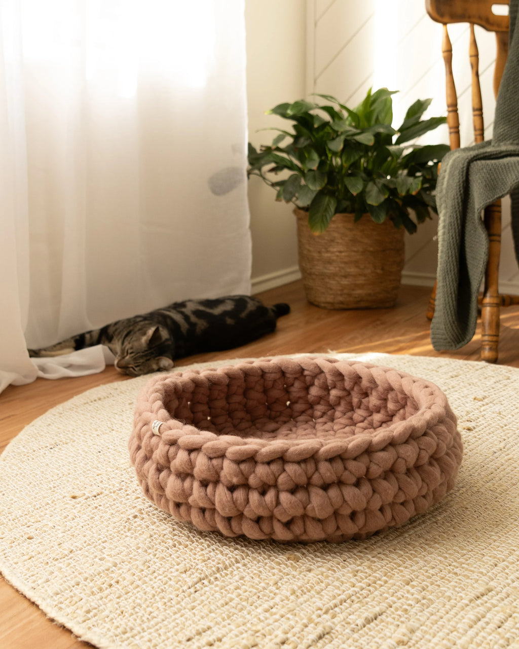 Solace Aura Cappuccino cat bed in warm brown tone, handmade merino wool cat bed, styled on a natural jute rug with soft daylight, featuring a woven round bed in the foreground and a relaxed cat resting near sheer curtains in a calm, earthy home interior.