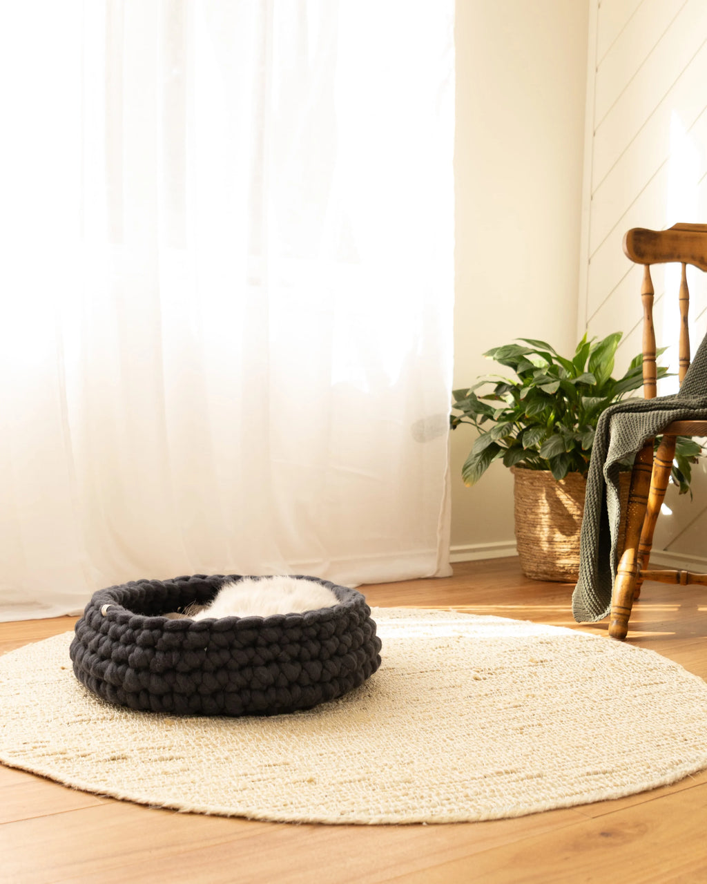 Charcoal merino wool cat bed by Solace Aura in a natural living room setting, handmade from 100% wool with a soft, sculptural form designed for modern homes.