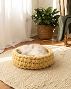Handcrafted Honey merino wool cat bed in warm yellow tone with cat resting inside, handmade felted wool pet bed by Solace Aura
