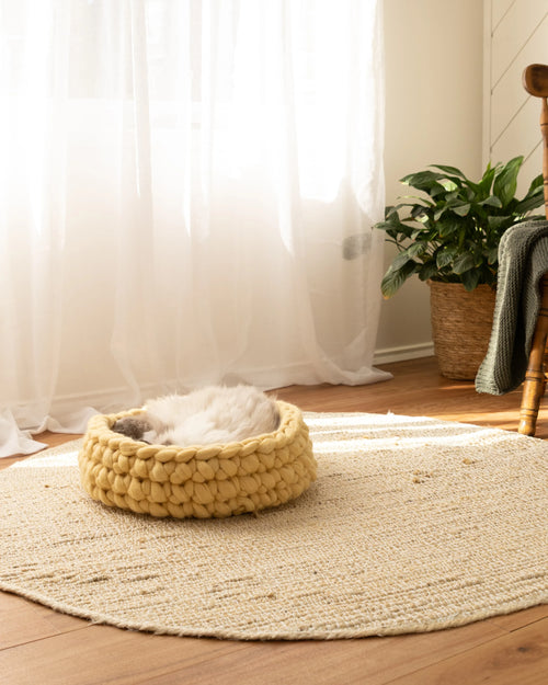Honey yellow Solace Aura merino wool cat bed styled in a minimalist living space, designed to blend seamlessly into the home