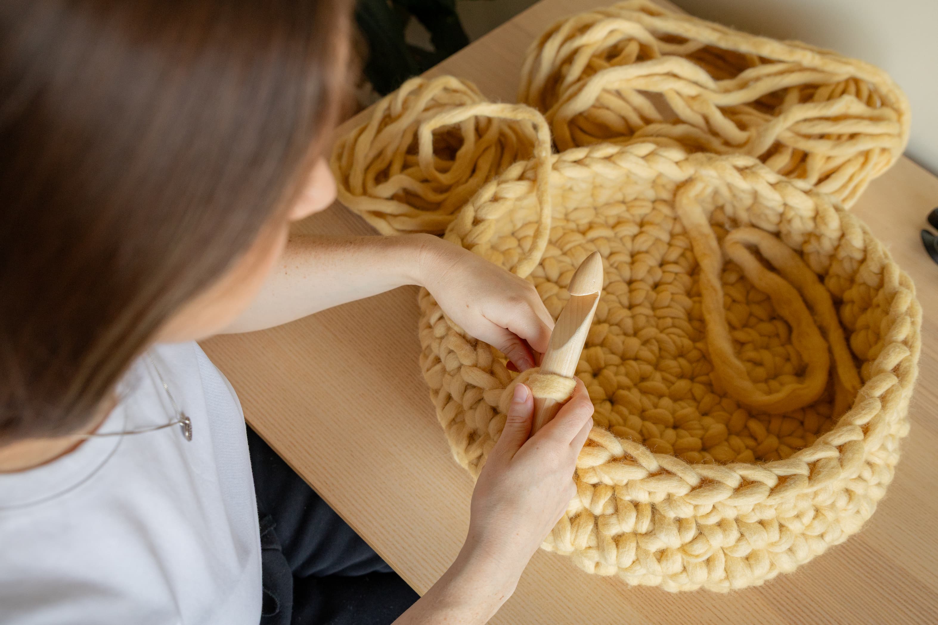 Handmade merino wool cat bed being crocheted by hand in Melbourne, Australia