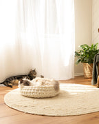 Solace Aura Natural White cat bed, natural white merino wool cat bed placed on a round jute rug, with a cat resting inside the bed and another cat lounging in the background near sheer curtains in a softly lit, earthy home interior