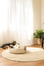 Solace Aura Natural White cat bed, natural white merino wool cat bed placed on a round jute rug, with a cat resting inside the bed and another cat lounging in the background near sheer curtains in a softly lit, earthy home interior