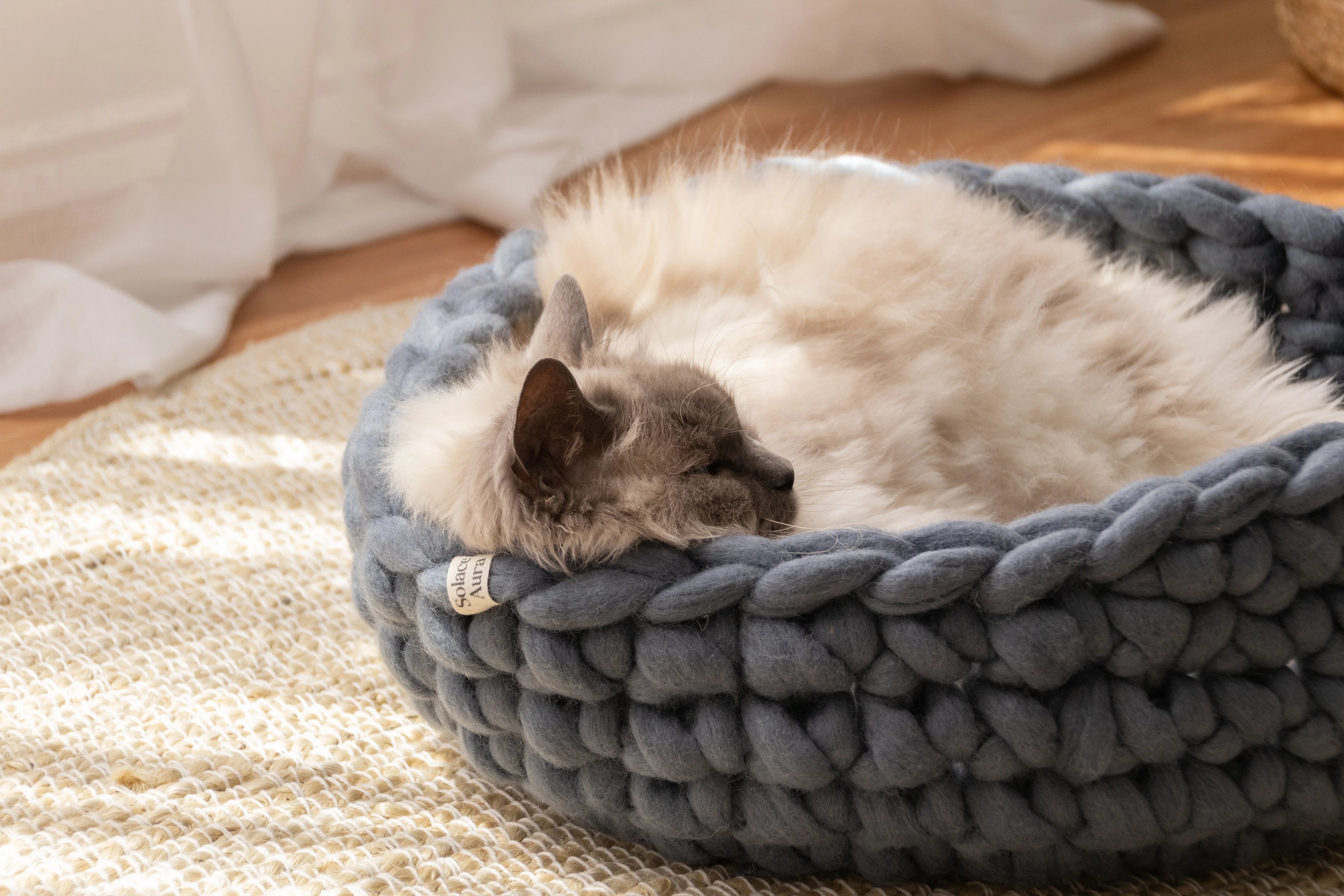 Solace Aura Moonstone grey merino wool cat bed with a sleeping cat, resting on a natural jute rug over timber floorboards, styled beside sheer white curtains in warm natural light.