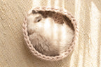 Solace Aura beige cat bed made from natural merino wool, shown from a top-down angle with a cat curled inside the handwoven bed, placed on a round jute rug in a softly styled home interior.