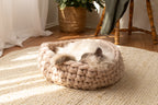 Solace Aura beige cat bed, beige merino wool, round handwoven cat bed with a cat sleeping curled inside, placed on a natural jute rug in a sunlit room with sheer white curtains, wooden floor, potted plant and wooden chair in the background